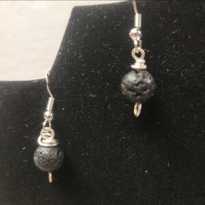 Silver and Black Lava Dangle Bead Earrings